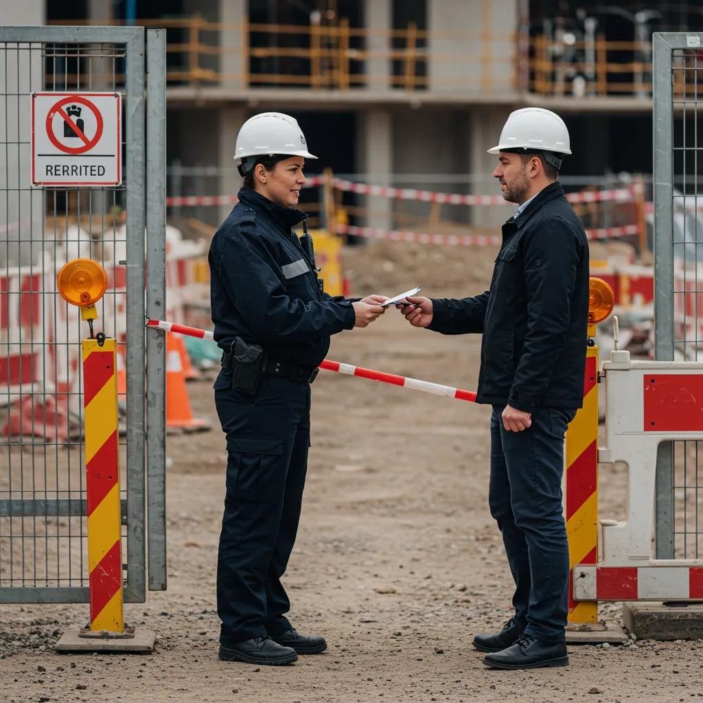 Construction Site Security Guard Verifying Credentials on Construction Site