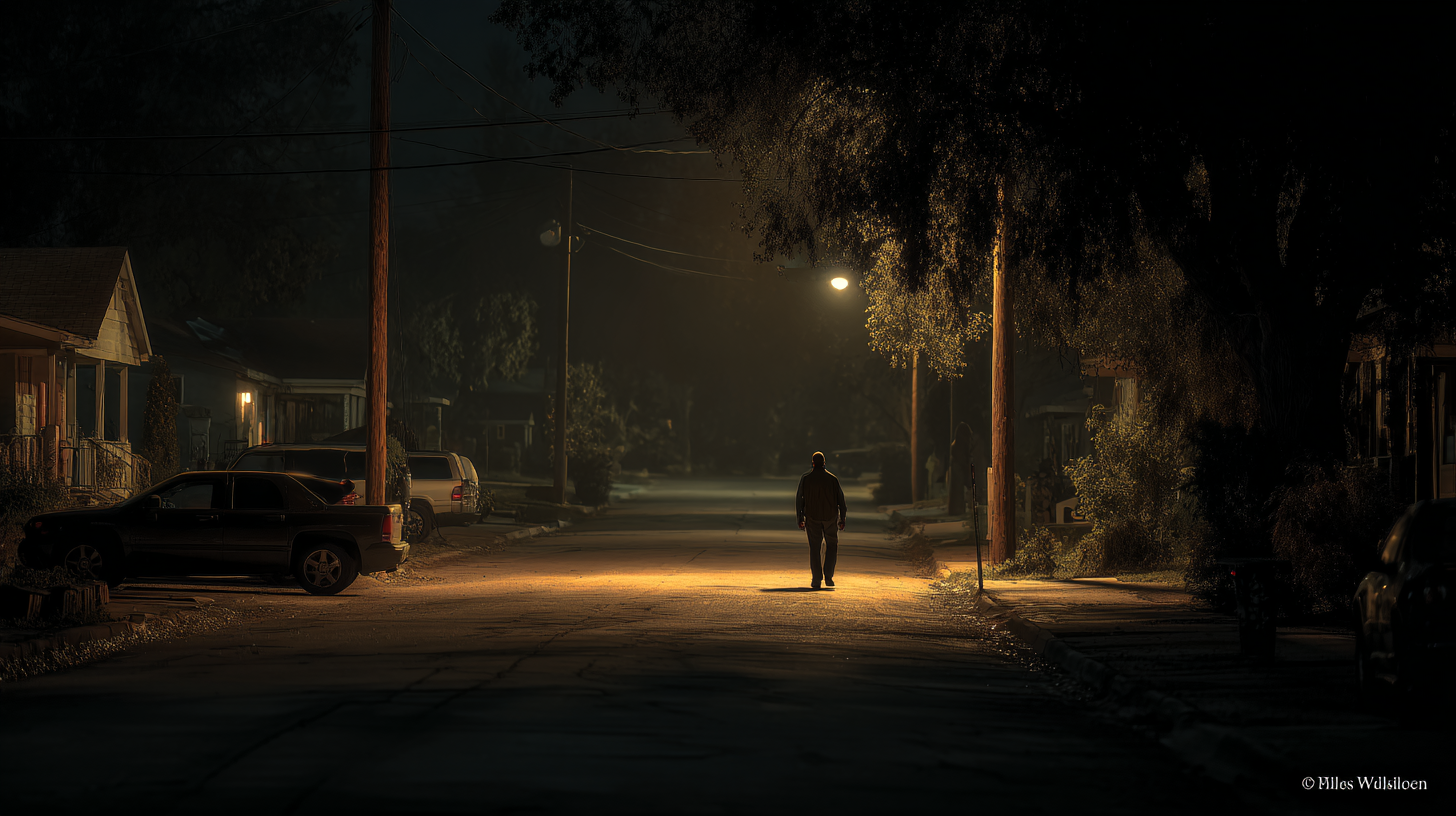 Off-duty security professional walking through a quiet suburban street at dusk