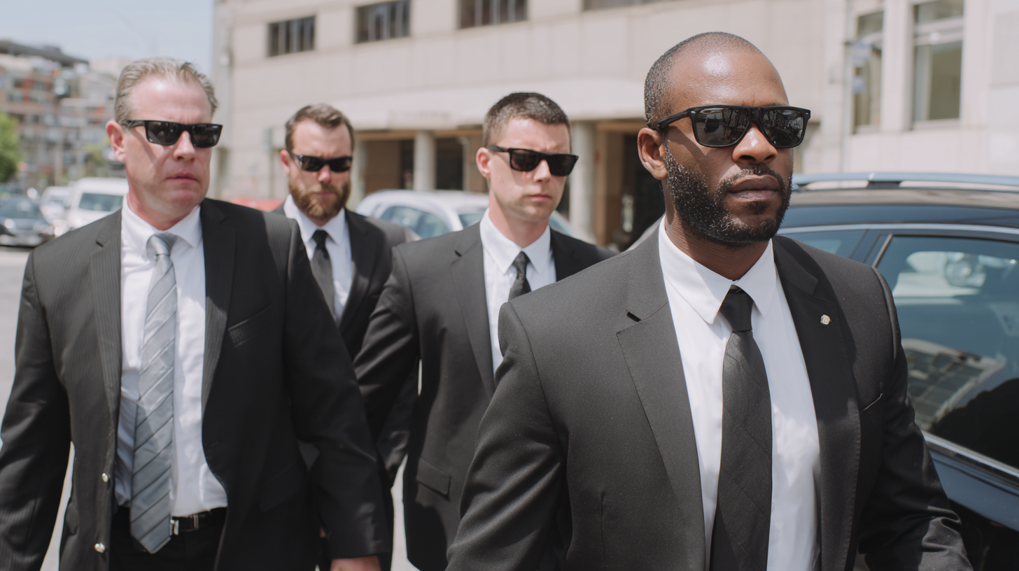 Executive protection bodyguards near SUVs at night outside a building